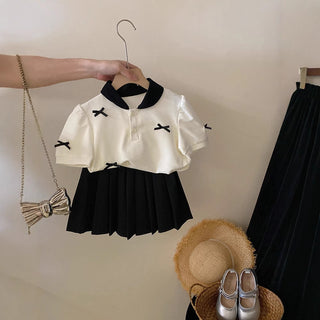 Girls' Set Summer New Butterfly Knot Short Sleeve Top + Pleated Skirt 2-Piece Set for Kids