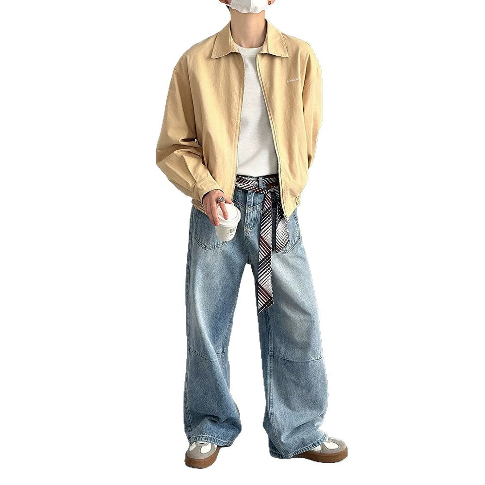 Washed Loose Casual Wide Leg Long Pants with Pocket Design Denim Trousers
