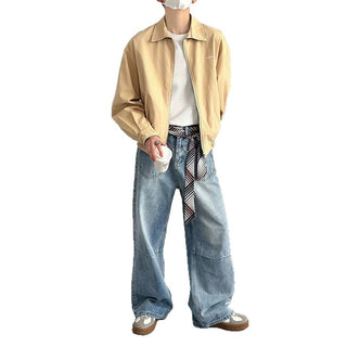 Washed Loose Casual Wide Leg Long Pants with Pocket Design Denim Trousers