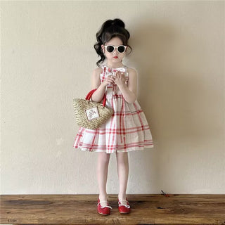 Cute Checkered Strapless Princess Dress for Girls Summer Casual Dress