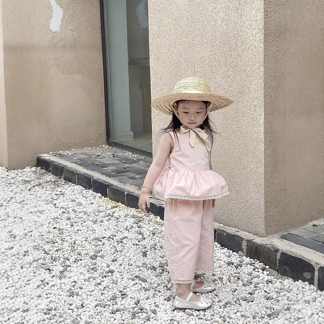 Cute Pink Sleeveless Vest + Pants Two-Piece Set for Girls, Summer Fashion Outfit