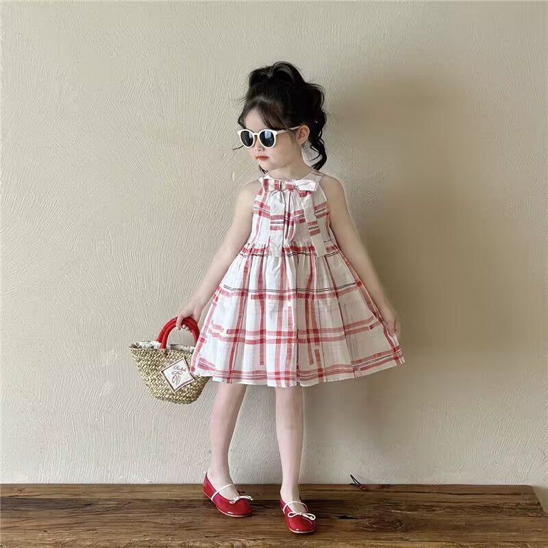 Cute Checkered Strapless Princess Dress for Girls Summer Casual Dress