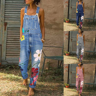 Printed jeans with non elastic straps and long pants straight tube