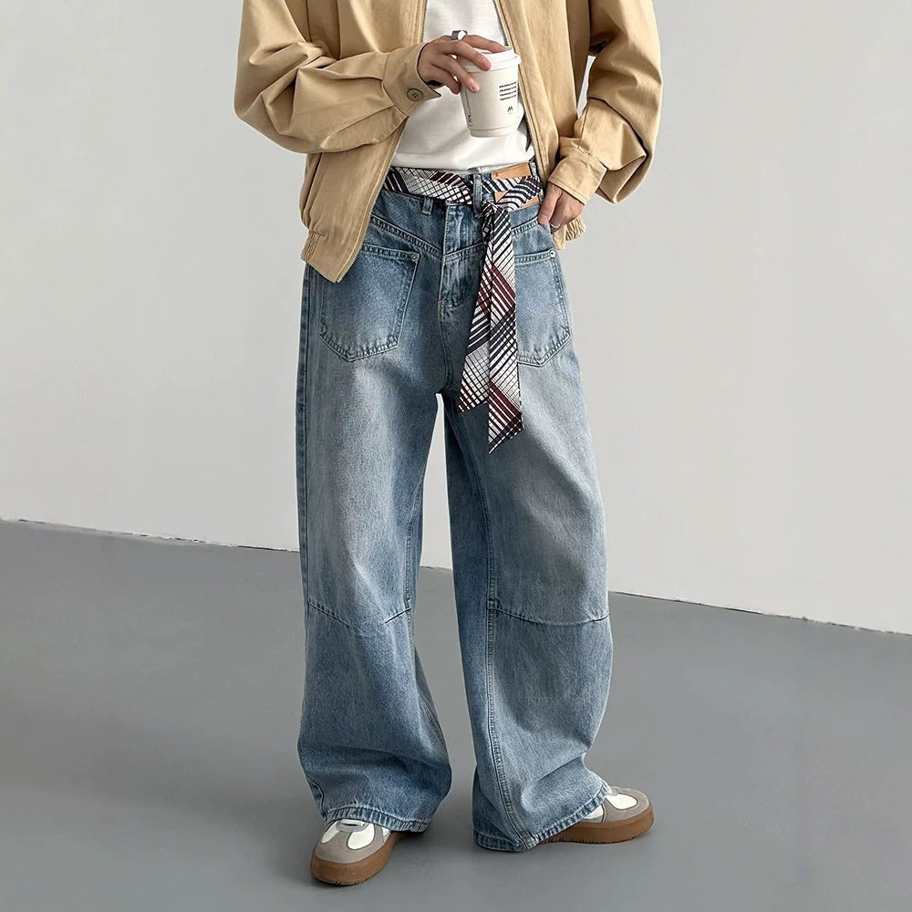 Washed Loose Casual Wide Leg Long Pants with Pocket Design Denim Trousers