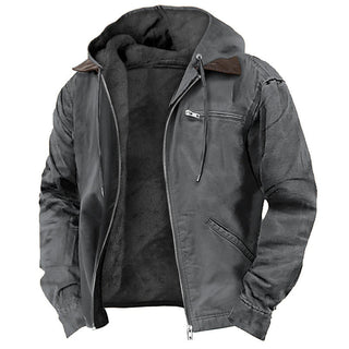 Casual Solid Color Hooded Cotton Jacket with Fleece Lining and Zipper Pockets for Men