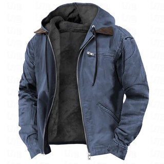 Casual Solid Color Hooded Cotton Jacket with Fleece Lining and Zipper Pockets for Men