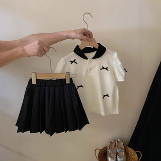 Girls' Set Summer New Butterfly Knot Short Sleeve Top + Pleated Skirt 2-Piece Set for Kids