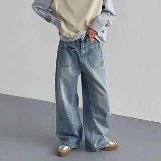 Washed Loose Casual Wide Leg Long Pants with Pocket Design Denim Trousers