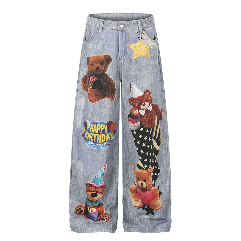Teddy bear cartoon hot stamping straight leg denim pants