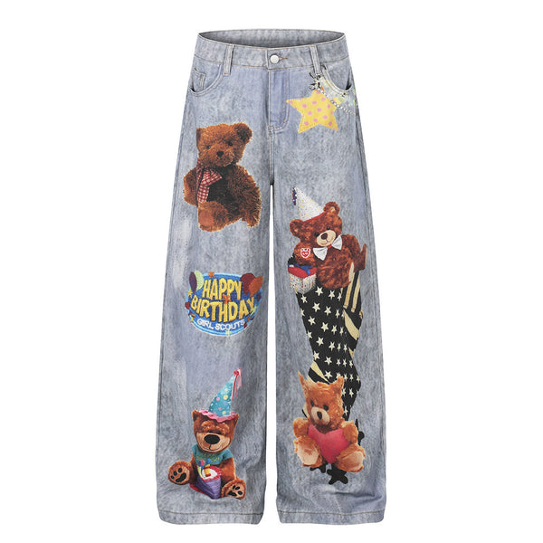 Teddy bear cartoon hot stamping straight leg denim pants