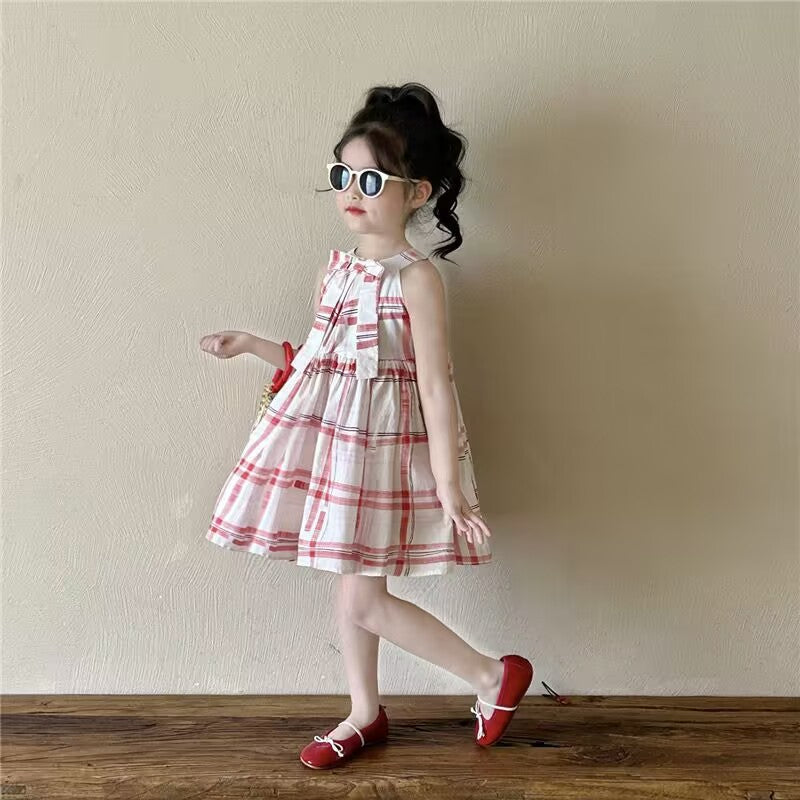 Cute Checkered Strapless Princess Dress for Girls Summer Casual Dress