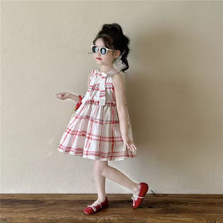 Cute Checkered Strapless Princess Dress for Girls Summer Casual Dress