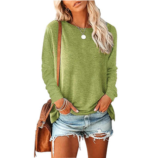 Womens Solid-Color Long-Sleeve Crew-Neck Pullover T-Shirt