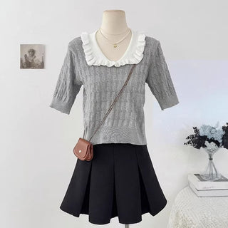 Japanese-style Preppy Chic Ruffled-collar Short-sleeve Knit