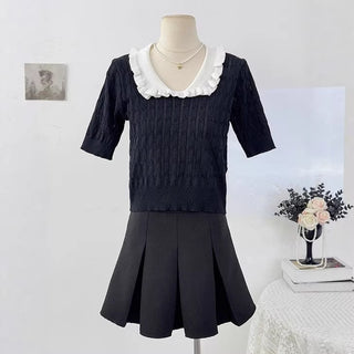 Japanese-style Preppy Chic Ruffled-collar Short-sleeve Knit