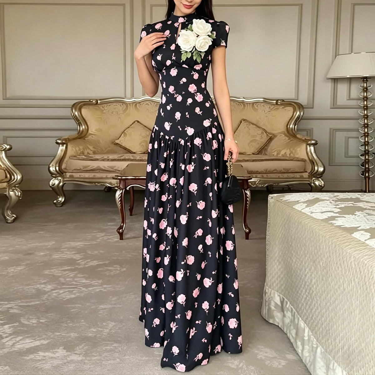 Fashionable Elegant And Loose-fitting Long Dress With A Botanical Print