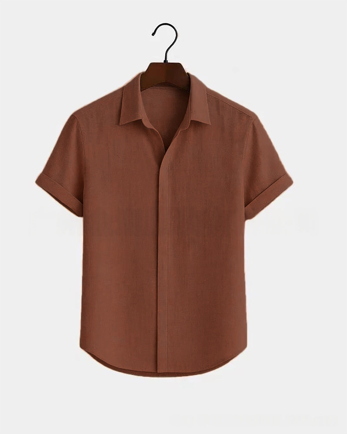 Solid-color Short-sleeve Cotton-linen Shirt For Men