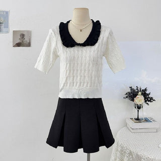 Japanese-style Preppy Chic Ruffled-collar Short-sleeve Knit