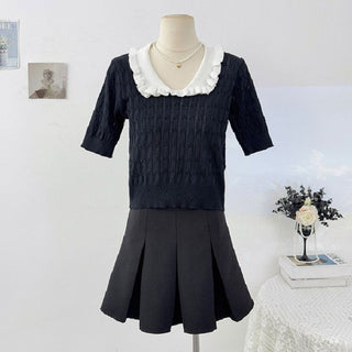 Japanese-style Preppy Chic Ruffled-collar Short-sleeve Knit