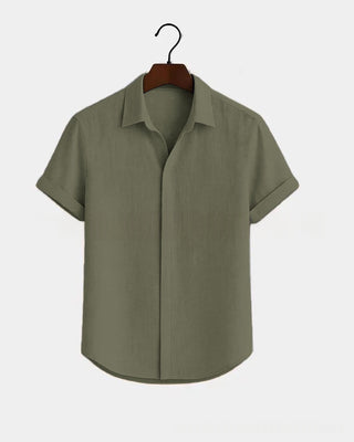 Solid-color Short-sleeve Cotton-linen Shirt For Men