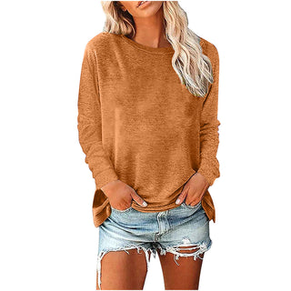 Womens Solid-Color Long-Sleeve Crew-Neck Pullover T-Shirt