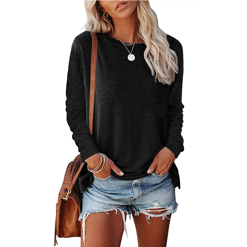 Womens Solid-Color Long-Sleeve Crew-Neck Pullover T-Shirt