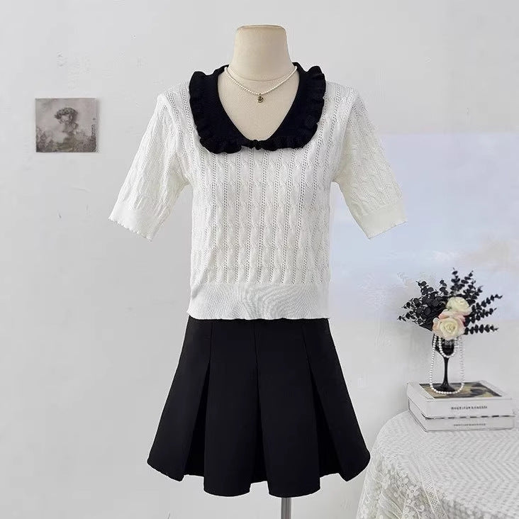 Japanese-style Preppy Chic Ruffled-collar Short-sleeve Knit