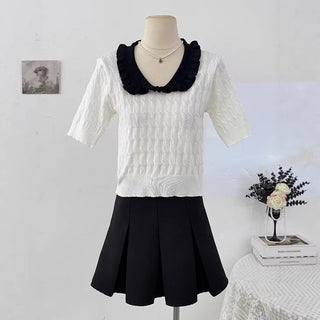 Japanese-style Preppy Chic Ruffled-collar Short-sleeve Knit