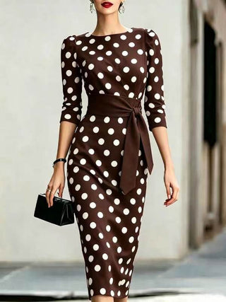 Retro Polka-dot Navy Blue Belted Waist-hugging Elegant Dress