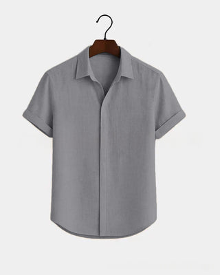Solid-color Short-sleeve Cotton-linen Shirt For Men