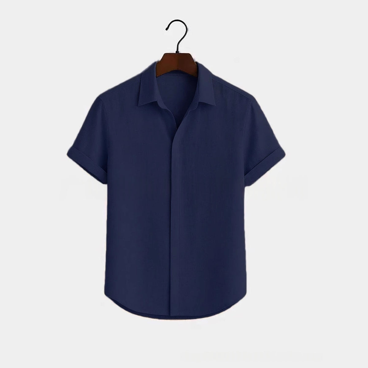 Solid-color Short-sleeve Cotton-linen Shirt For Men